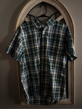 Izod Green, Blue and White Plaid Short-Sleeve Button-Down Shirt
